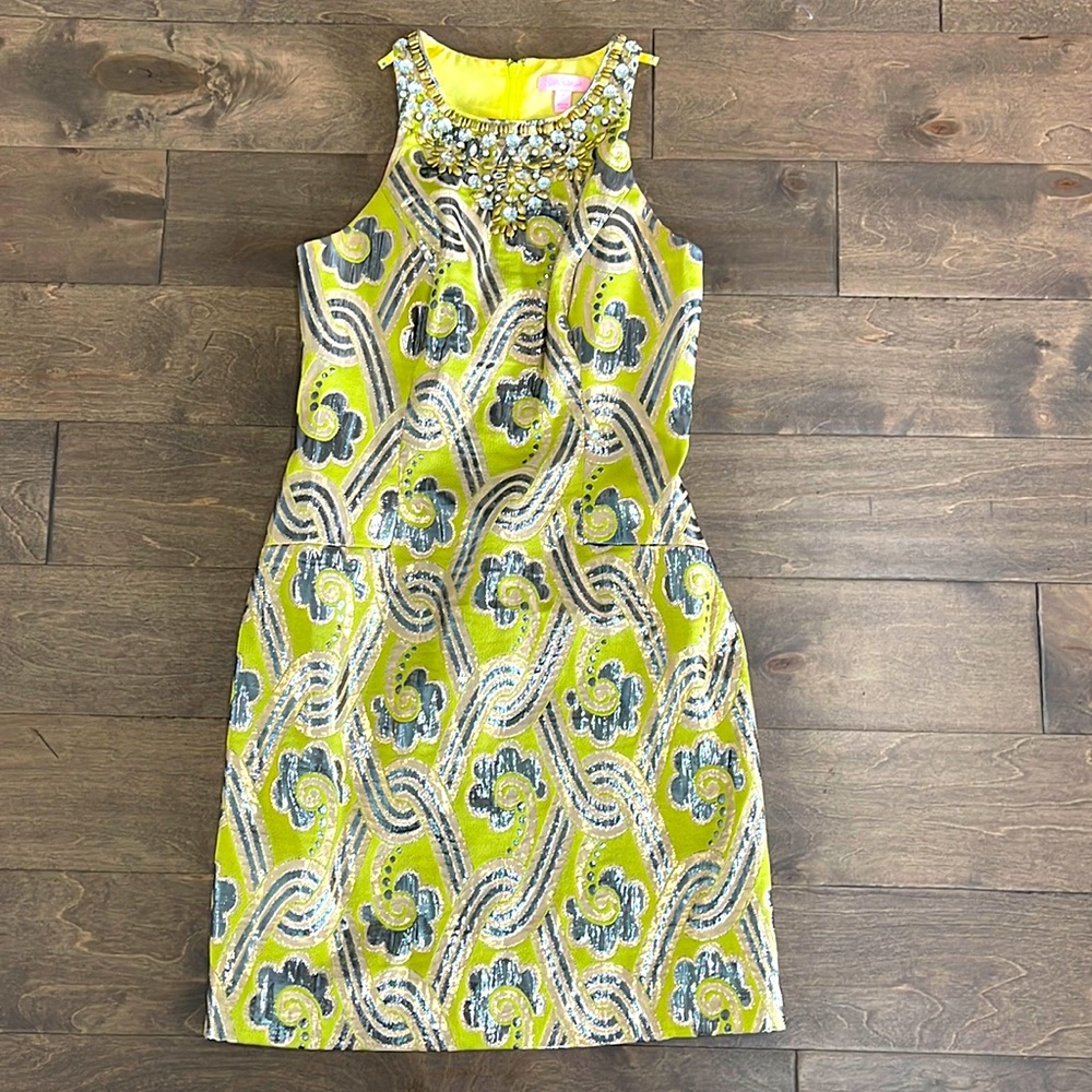 Lilly Pulitzer gold/green metallic dress with jewel detail at neck sz 0